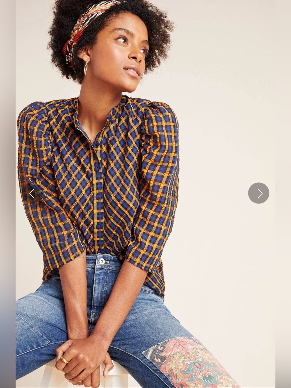 Anthropologie Eva Franco Textured Plaid Blouse Button Puff Sleeve Preppy Twee - Picture 3 of 13
